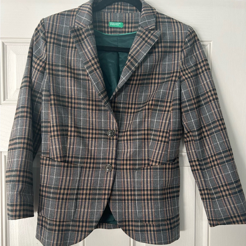United Colors Of Benetton Checkered Blazer in Gray and Brown